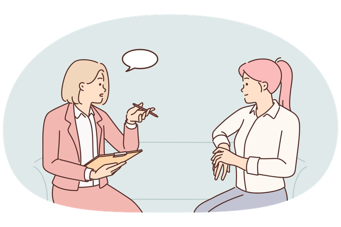 Woman HR manager asks questions to candidate who wants to become member of team of professionals  Illustration