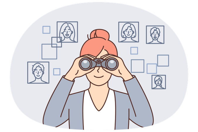 Woman HR manager with binoculars looking for staff for vacant position in corporation  Illustration