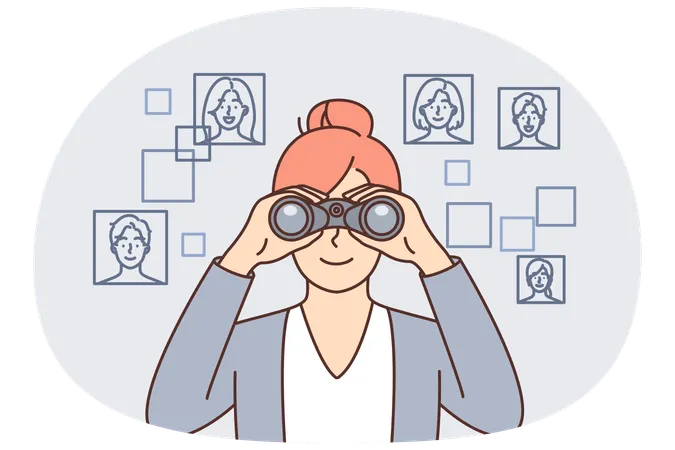 Woman HR manager with binoculars looking for staff for vacant position in corporation  Illustration
