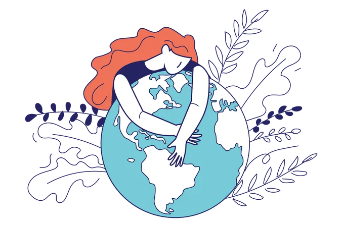 Woman hugging and expresses love to planet Illustration