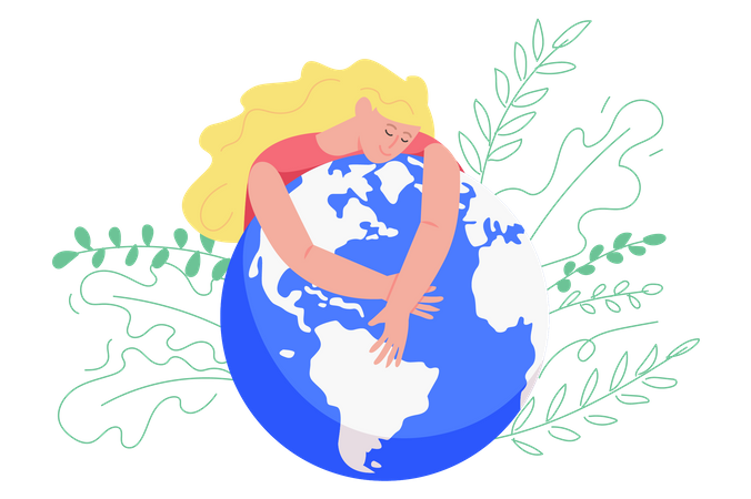 Woman hugging and expresses love to planet  Illustration