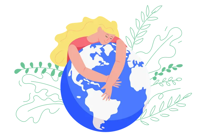 Woman hugging and expresses love to planet  Illustration