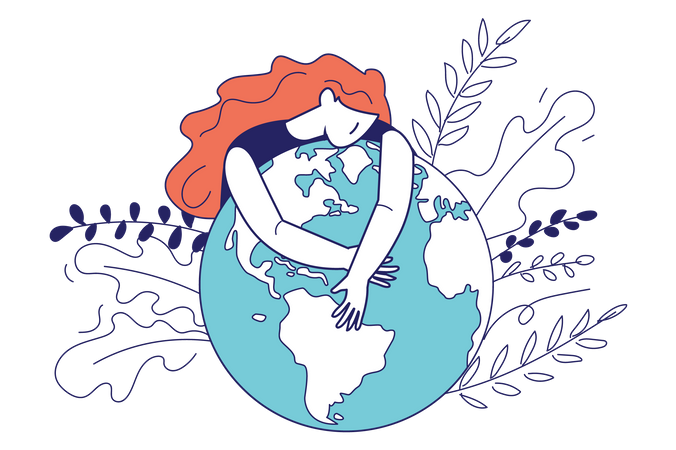 Woman hugging and expresses love to planet  Illustration