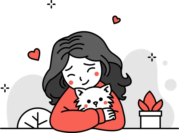Woman Hugging Cat  Illustration
