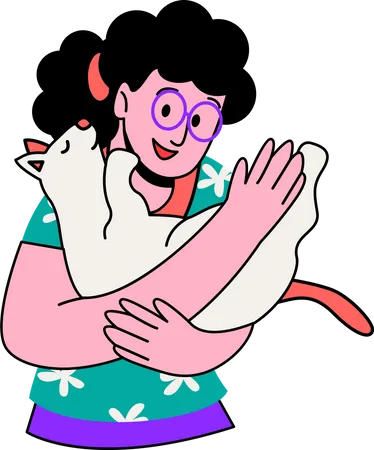 Woman Hugging Cat  Illustration