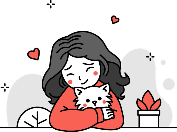 Woman Hugging Cat  Illustration