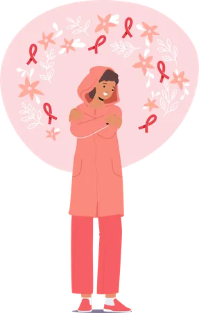 Woman Hugging Herself With Pink Ribbons Around Female Character Promotes Breast Cancer Awareness Empowering Others Through Education Support And Early Detection Cartoon People Vector Illustration Illustration