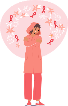 Woman Hugging Herself with Pink Ribbons around  Illustration