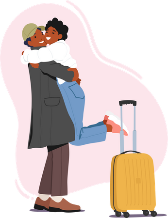 Woman Hugging Man With Suitcase Meet Lover In Airport  Illustration