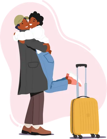 Woman Hugging Man With Suitcase Meet Lover In Airport  Illustration