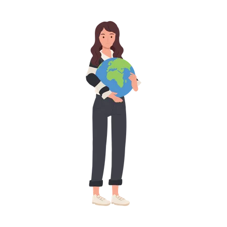 Woman Hugging Planet Earth  Illustration