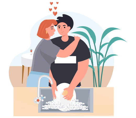 Woman Hugging while Man Washing Dishes  Illustration