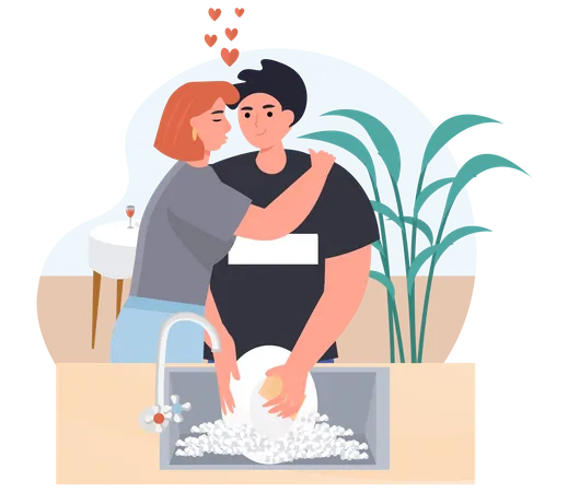 Woman Hugging while Man Washing Dishes  Illustration