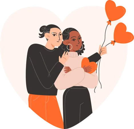 A Man Hugs A Woman Holding Red Balls In The Shape Of Hearts For Valentines Day Illustration