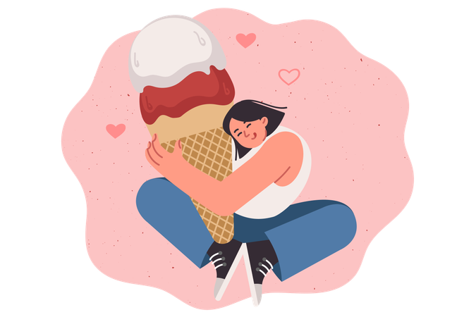 Woman hugs large ice cream made of creamy fruit filling in waffle cone and smiles  Illustration