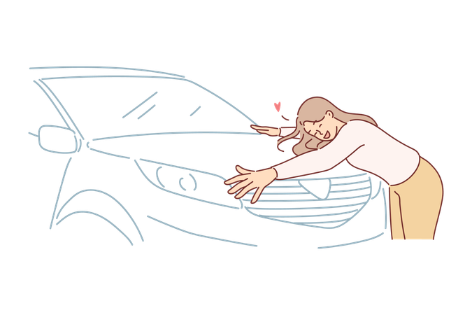 Woman hugs new car standing in car dealership  Illustration