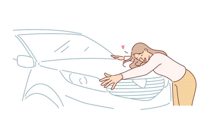 Woman Hugs New Car Standing In Car Dealership And Rejoicing In Purchase Of Vehicle Or Favorable Leasing Conditions Girl Driver Is Delighted With Car Received As Gift In Honor Birthday Or Christmas Illustration
