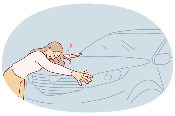 Woman hugs new car standing in car dealership and rejoicing in purchase of vehicle  Illustration