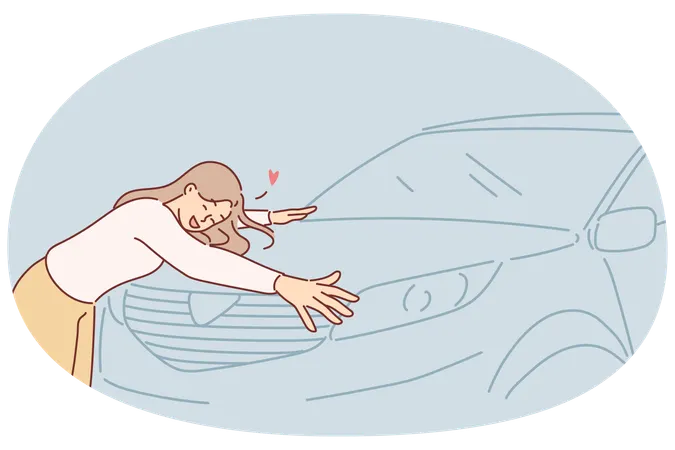 Woman hugs new car standing in car dealership and rejoicing in purchase of vehicle  Illustration