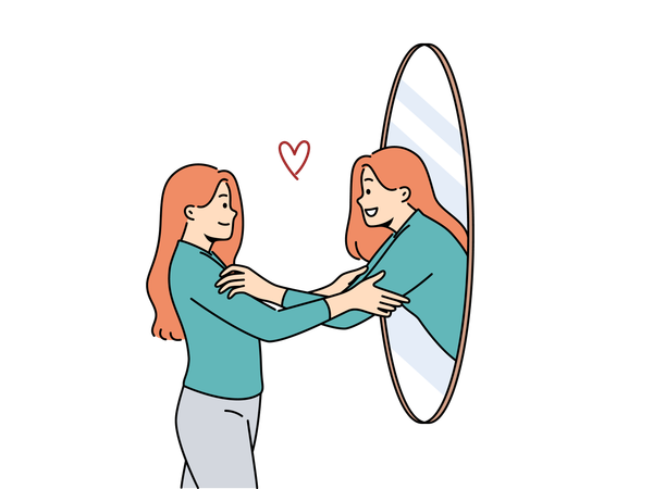 Woman hugs own reflection in mirror demonstrating narcissism and high self-esteem  Illustration