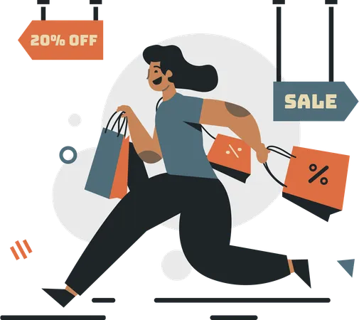 Illustration Woman Hunting For Discounts Shopping Whether Its Fashion Electronics Or Delicious Food Digital Advancements Have Made These Illustrations A Visual Form For Education Posters Web And Campaigns Illustration