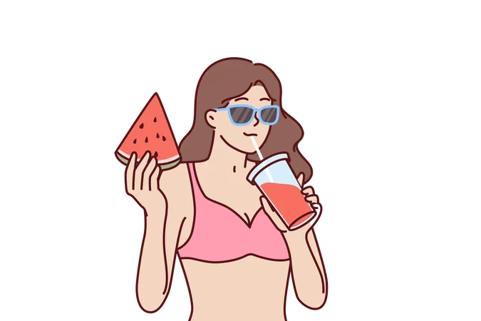 Woman In Bikini Drinks Fruit Smoothie And Eats Watermelon Relaxing On Beach Or Pool Party Woman In Bikini And Sunglasses Enjoy Vacation On Tropical Island Traveling On Summer Vacation Illustration