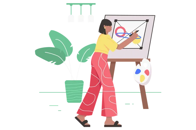 Designer Working At Design Studio Modern Flat Concept Woman Illustrator Draws Geometric Shapes On Canvas And Works With Colors Standing By Easel Vector Illustration With People Scene For Web Banner Illustration