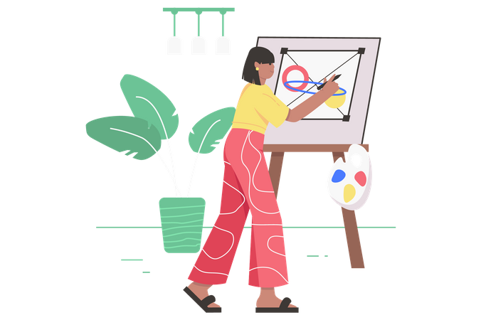 Woman illustrator draws geometric shapes on canvas  Illustration