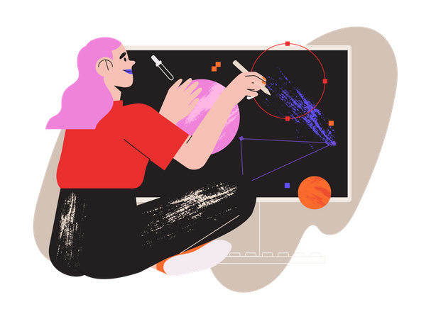 Woman illustrator working in Graphics editor  Illustration