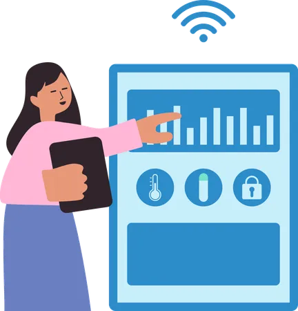 산업용 IoT 기능을 구현하는 여성  일러스트레이션