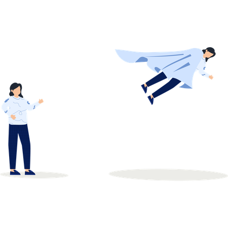 Woman in a Cape Flying Above Another Woman  Illustration