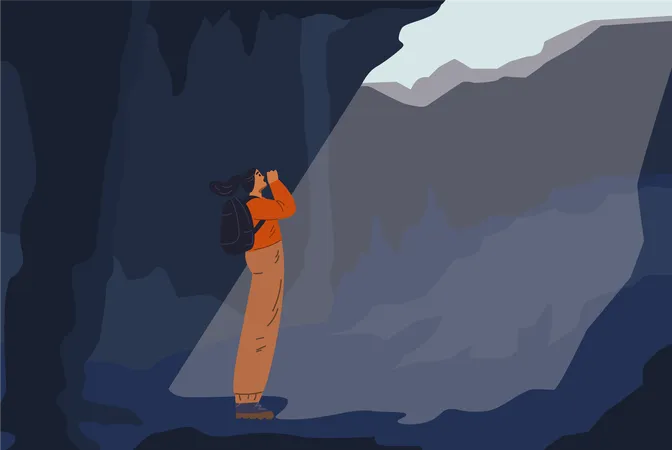 Woman in a cave, lost and screaming for help  Illustration