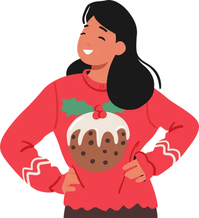 Woman In A Cozy Christmas Ugly Sweater Adorned With Festive Cookie And Holly Berry Patterns Of Vibrant Colors Female Character Radiates Holiday Spirit And Warmth Cartoon People Vector Illustration Illustration