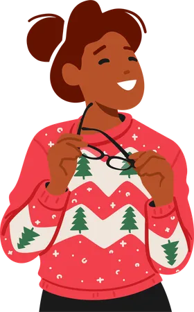 Woman In A Cozy Christmas Sweater Exudes Festive Warmth With Her Joyful Attire Female Character Spreading Holiday Cheer With Every Knit Stitch And Cheerful Smile Cartoon People Vector Illustration Illustration