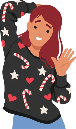 Woman In A Festive Christmas Sweater Adorned With Colorful Candy Cane Patterns Hearts And Stars Symbols Happy Female Character Radiating Holiday Cheer And Warmth Cartoon People Vector Illustration Illustration