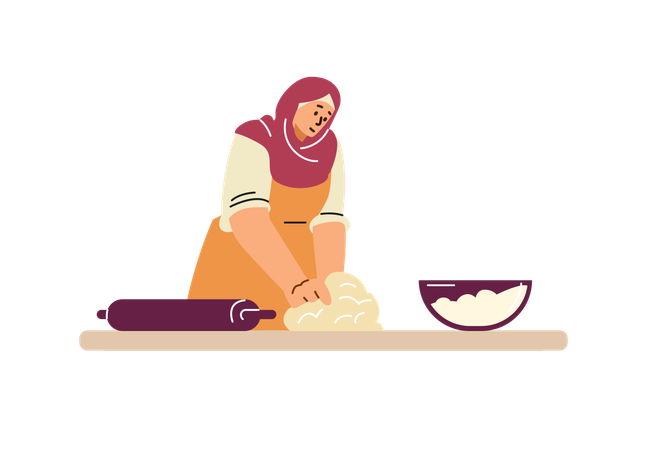 Woman in a hijab kneading dough with her hands  Illustration