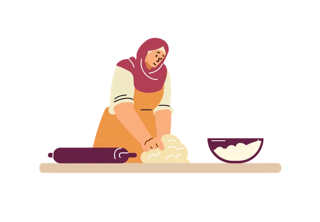 Woman in a hijab kneading dough with her hands  Illustration