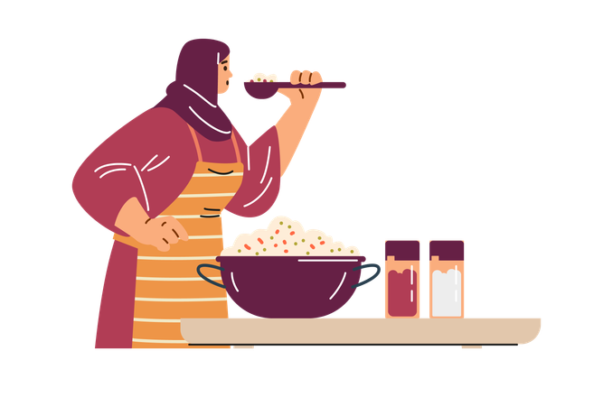 Woman in a hijab who is trying a cooked salad  Illustration