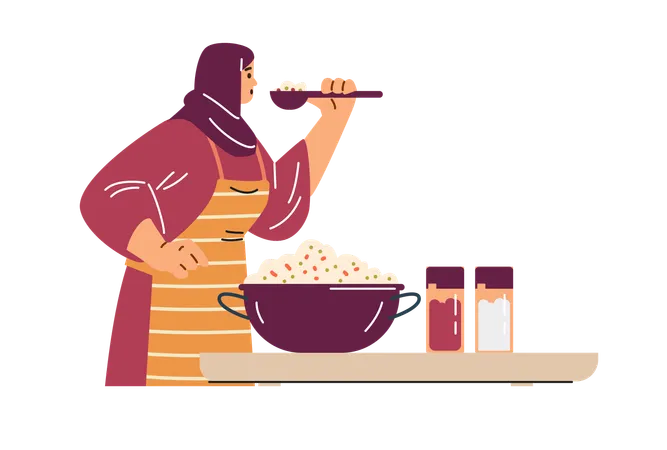 Woman in a hijab who is trying a cooked salad  Illustration