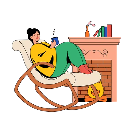 Woman In A Rocking Chair And A Fireplace  Illustration