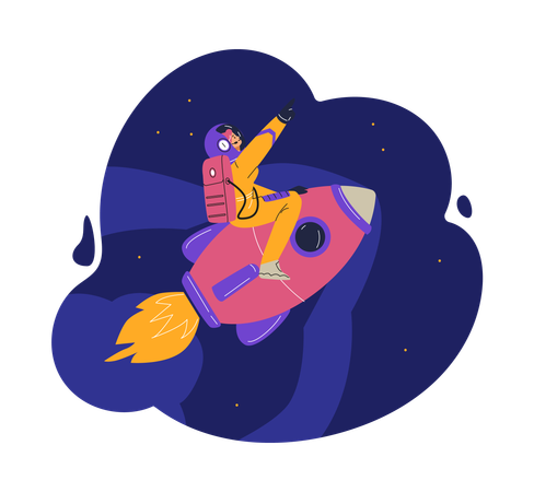 Woman in a spacesuit riding a rocket against a background of stars  Illustration