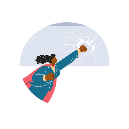 Woman in a superheroine cloak who has passed a glass barrier  Illustration