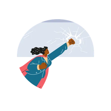 Woman in a superheroine cloak who has passed a glass barrier  Illustration