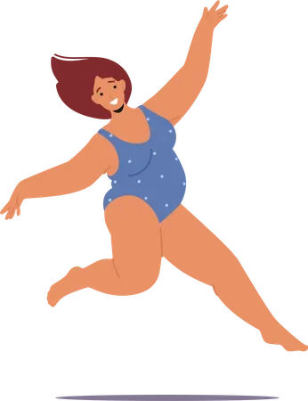 Joyful Plump Woman In A Swimsuit Defies Societal Expectations By Energetic Jumping Confident Fat Female Character Embracing Her Body And Celebrating Unique Beauty Cartoon People Vector Illustration Illustration