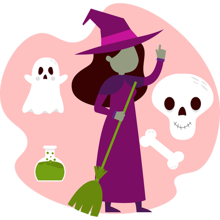 Woman in a witch outfit stands with a broom and a skull representing traditional Halloween imagery  Illustration