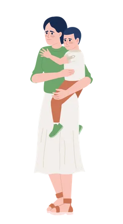 Woman in anxious mood holding toddler son Illustration