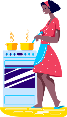 Woman in apron standing preparing dinner  Illustration