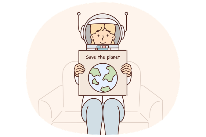 Woman in astronaut space suit holds poster calling for saving planet and taking care environment  Illustration