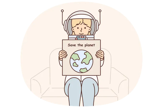 Woman in astronaut space suit holds poster calling for saving planet and taking care environment  Illustration