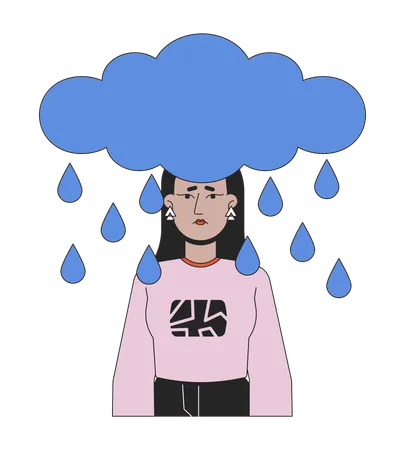 Rain Cloud Above Middle Eastern Woman Head 2 D Linear Cartoon Character Sad Young Adult Female Isolated Line Vector Person White Background Emotional Expression Color Flat Spot Illustration Illustration